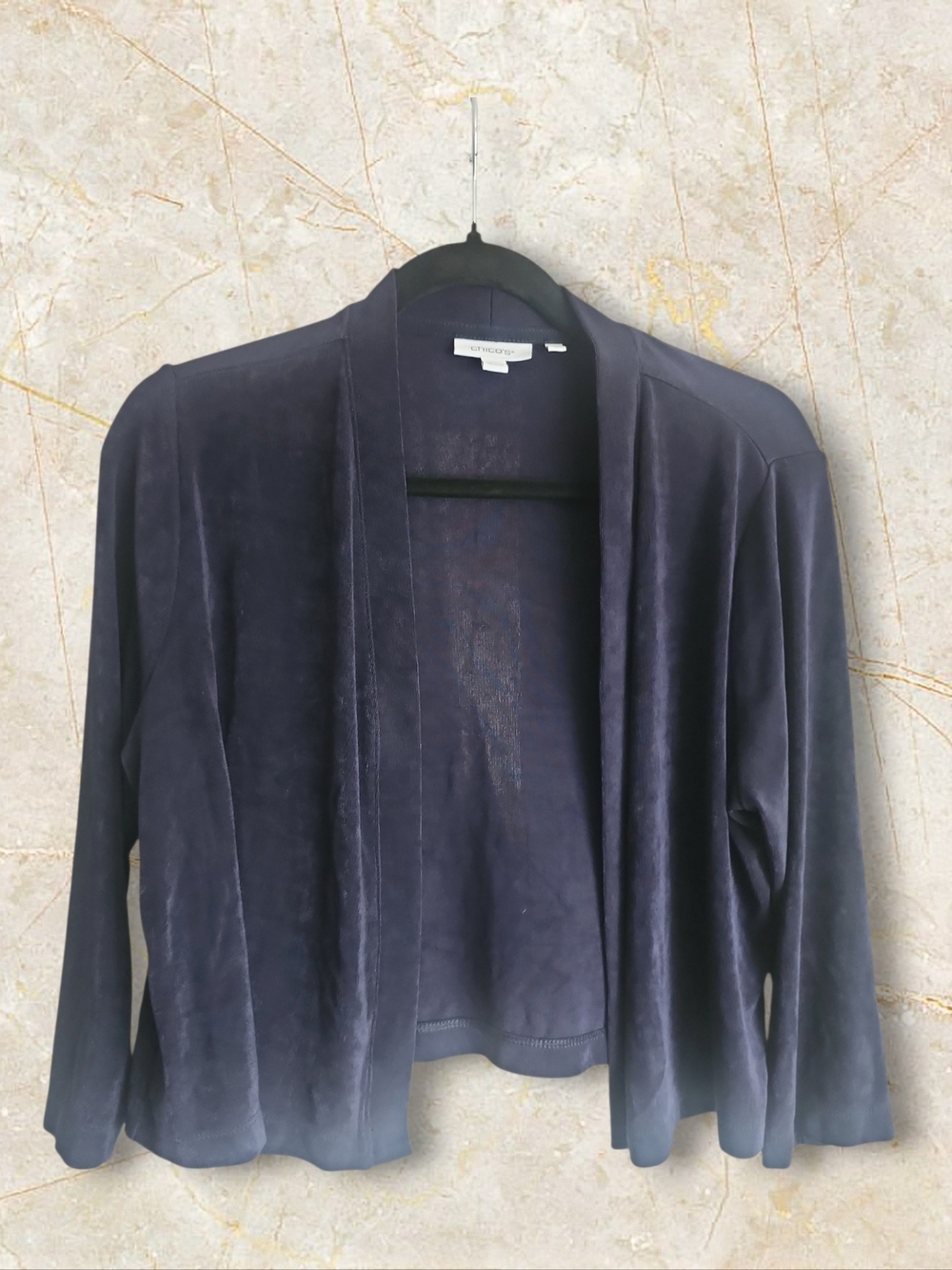 Chico's Navy Open-Front Travellers Cropped Shrug